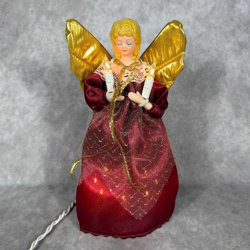 Vtg Lighted Angel Tree Topper Maroon Satin Gold Wings Christmas Decor 90s Y2K